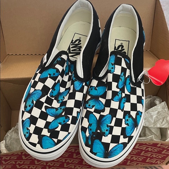 Vans Black and White Checkered Slip-Ons with Blue Butterflies - Picture 1 of 5